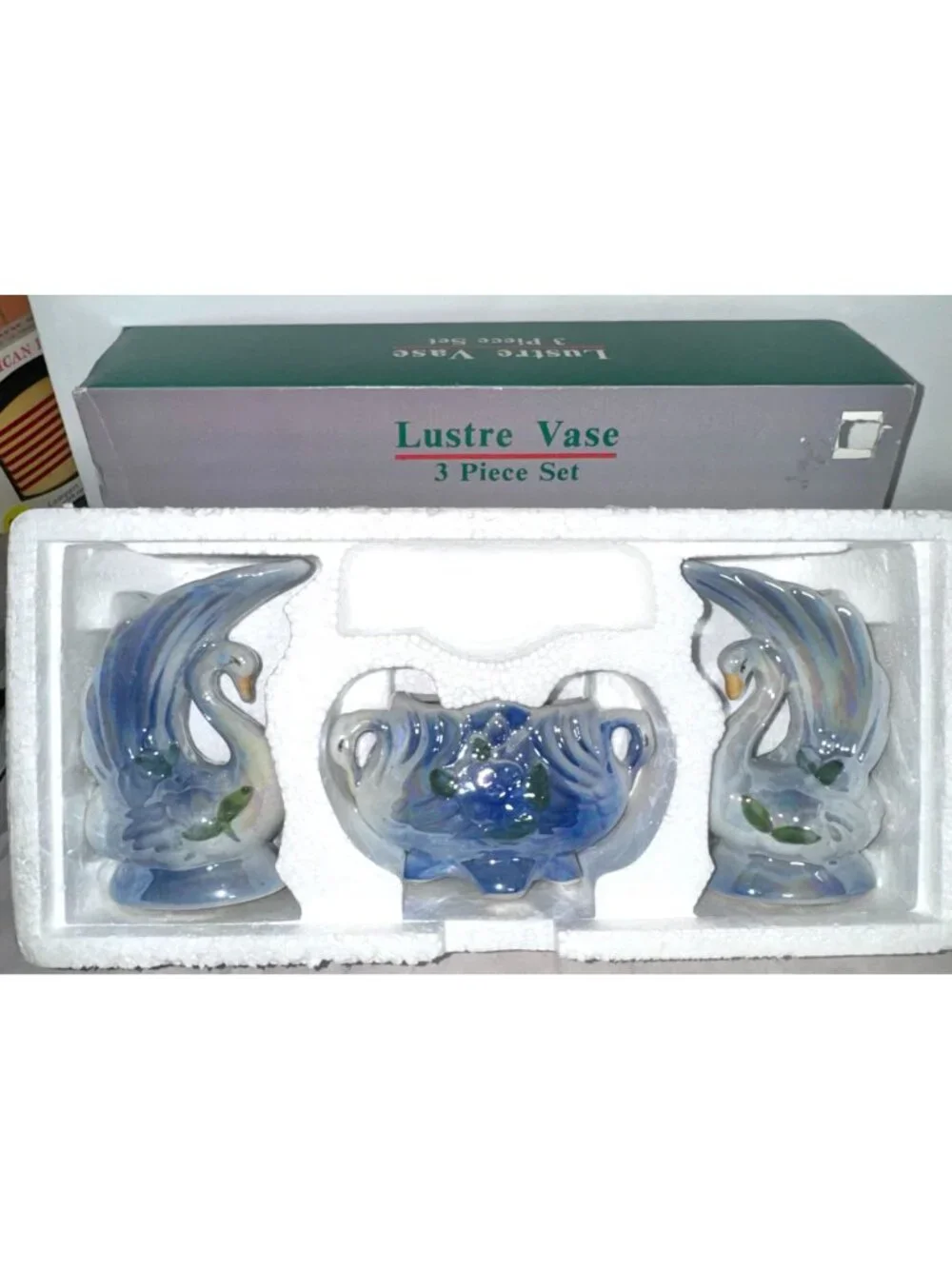 Lustre Vase 3-Piece Set Ceramic Swan Design Iridescent Finish Floral Detailing